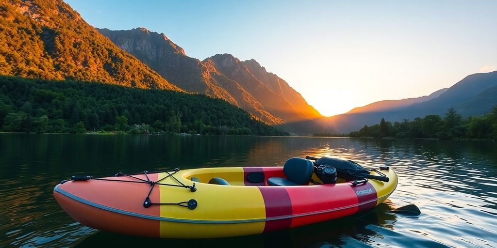 Inflatable kayak on a lake at sunset.