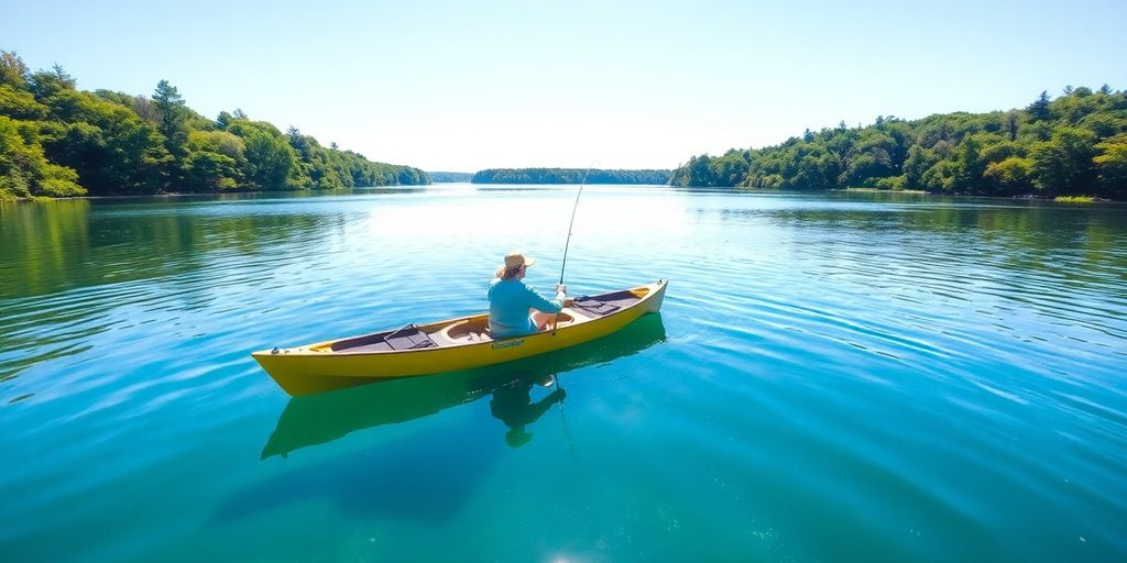 Person fishing from a kayak on a tranquil lake.